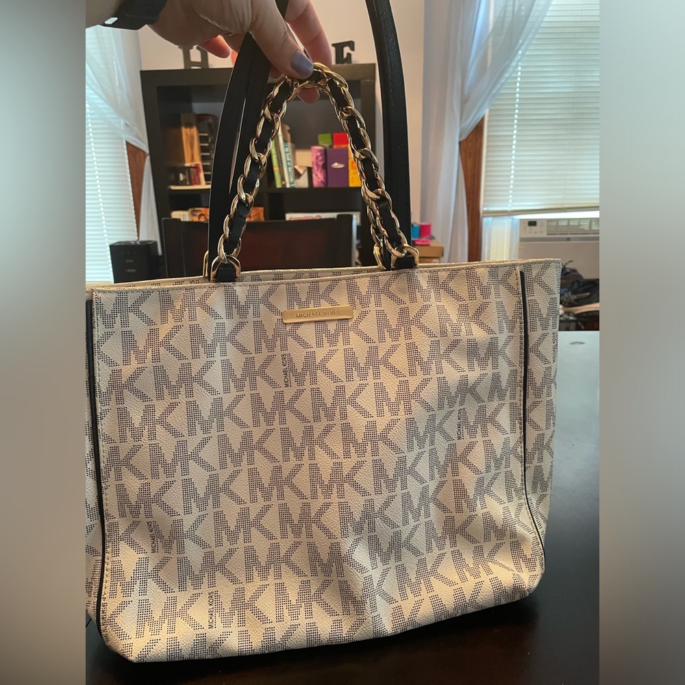 Michael Kors Cream and Black Tote Bag with Signature Monogram